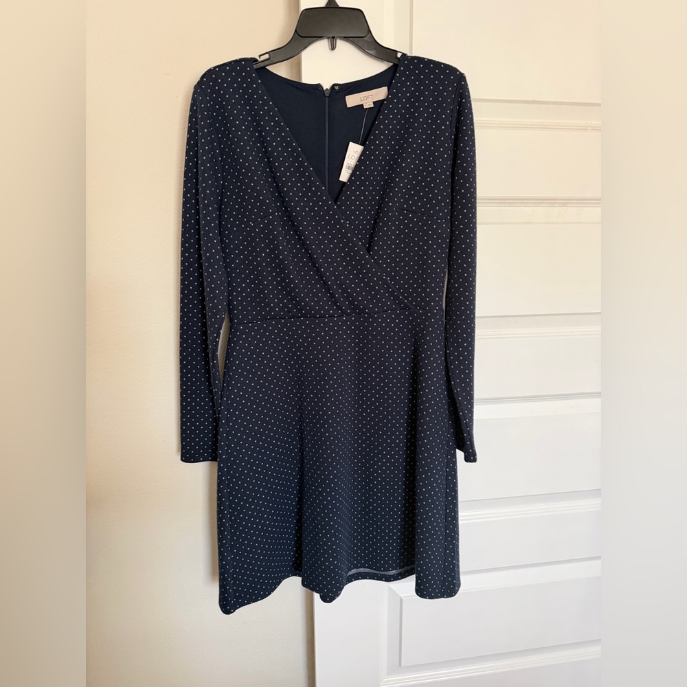 LOFT Navy Long Sleeve Dress with White Dots women’s size 6 New